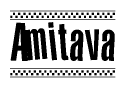 The image is a black and white clipart of the text Amitava in a bold, italicized font. The text is bordered by a dotted line on the top and bottom, and there are checkered flags positioned at both ends of the text, usually associated with racing or finishing lines.