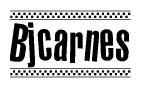 The image is a black and white clipart of the text Bjcarnes in a bold, italicized font. The text is bordered by a dotted line on the top and bottom, and there are checkered flags positioned at both ends of the text, usually associated with racing or finishing lines.