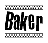 The clipart image displays the text Baker in a bold, stylized font. It is enclosed in a rectangular border with a checkerboard pattern running below and above the text, similar to a finish line in racing. 