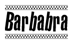 The image is a black and white clipart of the text Barbabra in a bold, italicized font. The text is bordered by a dotted line on the top and bottom, and there are checkered flags positioned at both ends of the text, usually associated with racing or finishing lines.