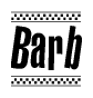 The clipart image displays the text Barb in a bold, stylized font. It is enclosed in a rectangular border with a checkerboard pattern running below and above the text, similar to a finish line in racing. 