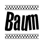 The image contains the text Baum in a bold, stylized font, with a checkered flag pattern bordering the top and bottom of the text.