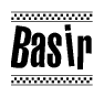 The image contains the text Basir in a bold, stylized font, with a checkered flag pattern bordering the top and bottom of the text.