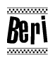 The image is a black and white clipart of the text Beri in a bold, italicized font. The text is bordered by a dotted line on the top and bottom, and there are checkered flags positioned at both ends of the text, usually associated with racing or finishing lines.