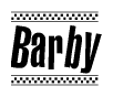 The image contains the text Barby in a bold, stylized font, with a checkered flag pattern bordering the top and bottom of the text.