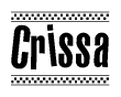 The clipart image displays the text Crissa in a bold, stylized font. It is enclosed in a rectangular border with a checkerboard pattern running below and above the text, similar to a finish line in racing. 