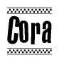 The image is a black and white clipart of the text Cora in a bold, italicized font. The text is bordered by a dotted line on the top and bottom, and there are checkered flags positioned at both ends of the text, usually associated with racing or finishing lines.