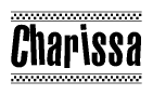 The clipart image displays the text Charissa in a bold, stylized font. It is enclosed in a rectangular border with a checkerboard pattern running below and above the text, similar to a finish line in racing. 