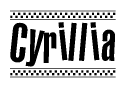 The image contains the text Cyrillia in a bold, stylized font, with a checkered flag pattern bordering the top and bottom of the text.