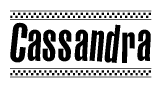 The image contains the text Cassandra in a bold, stylized font, with a checkered flag pattern bordering the top and bottom of the text.