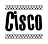 The image is a black and white clipart of the text Cisco in a bold, italicized font. The text is bordered by a dotted line on the top and bottom, and there are checkered flags positioned at both ends of the text, usually associated with racing or finishing lines.