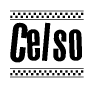 The clipart image displays the text Celso in a bold, stylized font. It is enclosed in a rectangular border with a checkerboard pattern running below and above the text, similar to a finish line in racing. 