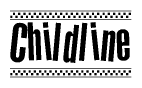 The image is a black and white clipart of the text Childline in a bold, italicized font. The text is bordered by a dotted line on the top and bottom, and there are checkered flags positioned at both ends of the text, usually associated with racing or finishing lines.