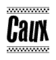 The image is a black and white clipart of the text Caux in a bold, italicized font. The text is bordered by a dotted line on the top and bottom, and there are checkered flags positioned at both ends of the text, usually associated with racing or finishing lines.