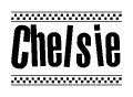 The clipart image displays the text Chelsie in a bold, stylized font. It is enclosed in a rectangular border with a checkerboard pattern running below and above the text, similar to a finish line in racing. 