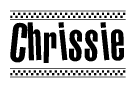The image contains the text Chrissie in a bold, stylized font, with a checkered flag pattern bordering the top and bottom of the text.