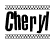 The clipart image displays the text Cheryl in a bold, stylized font. It is enclosed in a rectangular border with a checkerboard pattern running below and above the text, similar to a finish line in racing. 