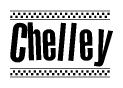 The image contains the text Chelley in a bold, stylized font, with a checkered flag pattern bordering the top and bottom of the text.