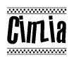 The image contains the text Cinzia in a bold, stylized font, with a checkered flag pattern bordering the top and bottom of the text.