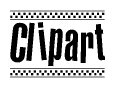 The image is a black and white clipart of the text Clipart in a bold, italicized font. The text is bordered by a dotted line on the top and bottom, and there are checkered flags positioned at both ends of the text, usually associated with racing or finishing lines.