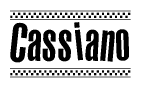 The image contains the text Cassiano in a bold, stylized font, with a checkered flag pattern bordering the top and bottom of the text.
