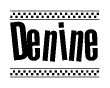 The clipart image displays the text Denine in a bold, stylized font. It is enclosed in a rectangular border with a checkerboard pattern running below and above the text, similar to a finish line in racing. 