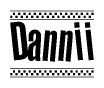 The image contains the text Dannii in a bold, stylized font, with a checkered flag pattern bordering the top and bottom of the text.
