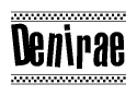 The image contains the text Denirae in a bold, stylized font, with a checkered flag pattern bordering the top and bottom of the text.