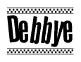 The image contains the text Debbye in a bold, stylized font, with a checkered flag pattern bordering the top and bottom of the text.