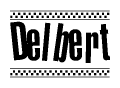 The image contains the text Delbert in a bold, stylized font, with a checkered flag pattern bordering the top and bottom of the text.