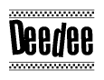The image is a black and white clipart of the text Deedee in a bold, italicized font. The text is bordered by a dotted line on the top and bottom, and there are checkered flags positioned at both ends of the text, usually associated with racing or finishing lines.