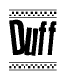 The image contains the text Duff in a bold, stylized font, with a checkered flag pattern bordering the top and bottom of the text.