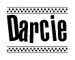 The clipart image displays the text Darcie in a bold, stylized font. It is enclosed in a rectangular border with a checkerboard pattern running below and above the text, similar to a finish line in racing. 