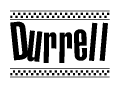 The image contains the text Durrell in a bold, stylized font, with a checkered flag pattern bordering the top and bottom of the text.