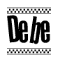 The clipart image displays the text Debe in a bold, stylized font. It is enclosed in a rectangular border with a checkerboard pattern running below and above the text, similar to a finish line in racing. 