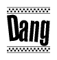 The image is a black and white clipart of the text Dang in a bold, italicized font. The text is bordered by a dotted line on the top and bottom, and there are checkered flags positioned at both ends of the text, usually associated with racing or finishing lines.