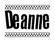 The image is a black and white clipart of the text Deanne in a bold, italicized font. The text is bordered by a dotted line on the top and bottom, and there are checkered flags positioned at both ends of the text, usually associated with racing or finishing lines.