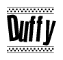 The image is a black and white clipart of the text Duffy in a bold, italicized font. The text is bordered by a dotted line on the top and bottom, and there are checkered flags positioned at both ends of the text, usually associated with racing or finishing lines.