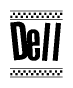 The image contains the text Dell in a bold, stylized font, with a checkered flag pattern bordering the top and bottom of the text.