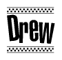 The image contains the text Drew in a bold, stylized font, with a checkered flag pattern bordering the top and bottom of the text.