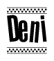 The image contains the text Deni in a bold, stylized font, with a checkered flag pattern bordering the top and bottom of the text.