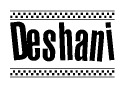 The image contains the text Deshani in a bold, stylized font, with a checkered flag pattern bordering the top and bottom of the text.