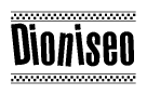 The image contains the text Dioniseo in a bold, stylized font, with a checkered flag pattern bordering the top and bottom of the text.