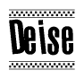 The image is a black and white clipart of the text Deise in a bold, italicized font. The text is bordered by a dotted line on the top and bottom, and there are checkered flags positioned at both ends of the text, usually associated with racing or finishing lines.