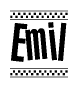 The image is a black and white clipart of the text Emil in a bold, italicized font. The text is bordered by a dotted line on the top and bottom, and there are checkered flags positioned at both ends of the text, usually associated with racing or finishing lines.