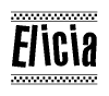 The image is a black and white clipart of the text Elicia in a bold, italicized font. The text is bordered by a dotted line on the top and bottom, and there are checkered flags positioned at both ends of the text, usually associated with racing or finishing lines.