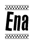The image is a black and white clipart of the text Ena in a bold, italicized font. The text is bordered by a dotted line on the top and bottom, and there are checkered flags positioned at both ends of the text, usually associated with racing or finishing lines.