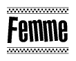 The image contains the text Femme in a bold, stylized font, with a checkered flag pattern bordering the top and bottom of the text.