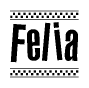 The image contains the text Felia in a bold, stylized font, with a checkered flag pattern bordering the top and bottom of the text.