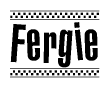 The image is a black and white clipart of the text Fergie in a bold, italicized font. The text is bordered by a dotted line on the top and bottom, and there are checkered flags positioned at both ends of the text, usually associated with racing or finishing lines.